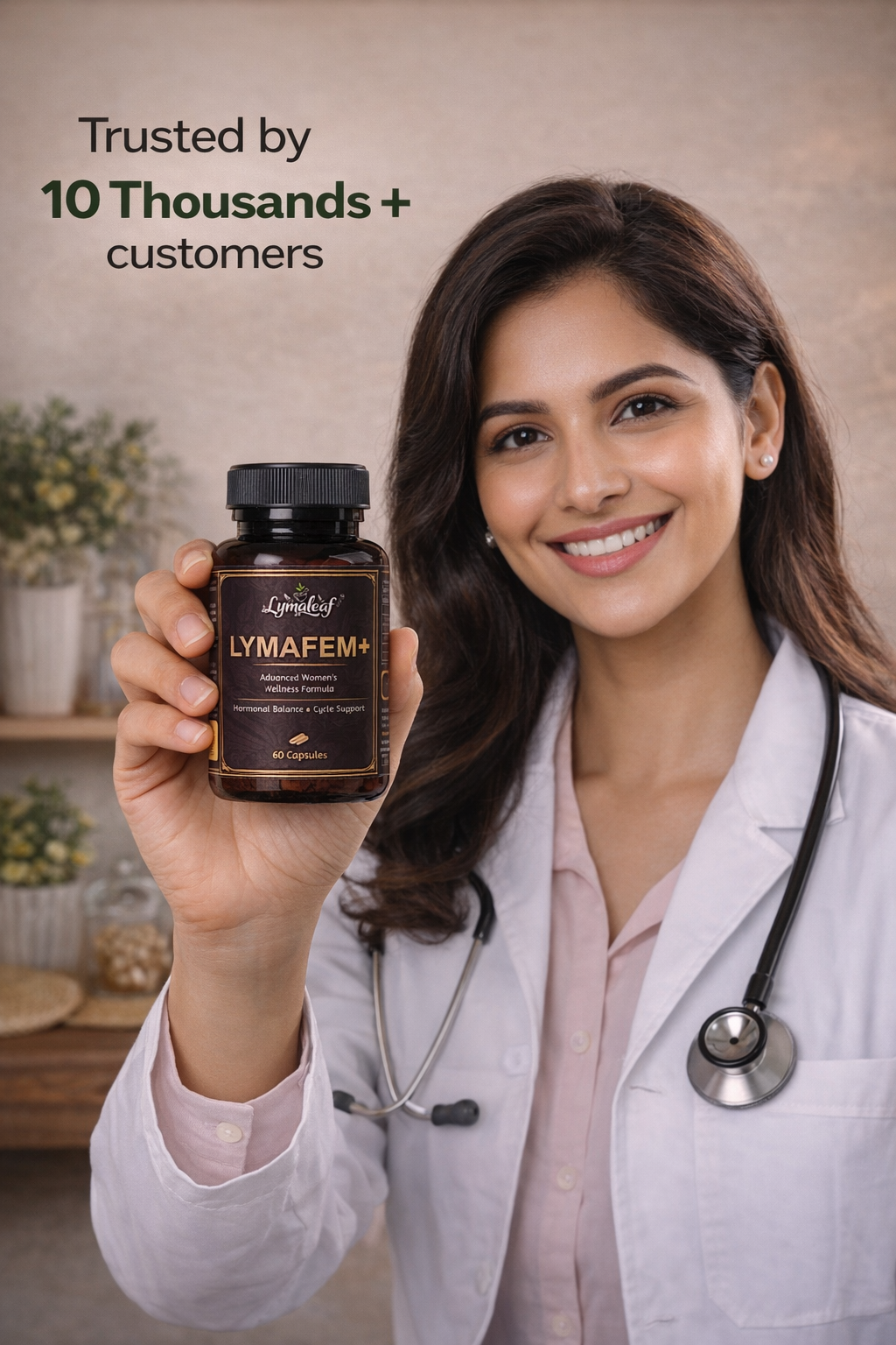 Doctor presenting Lymafem+ supplement thoughtfully